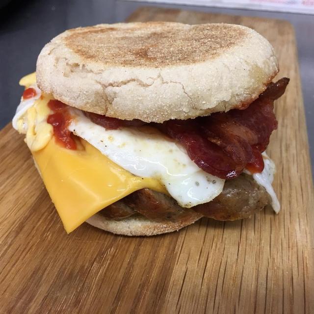 Breakfast English Muffin - Sausage & Bacon with Egg & Cheese Slice