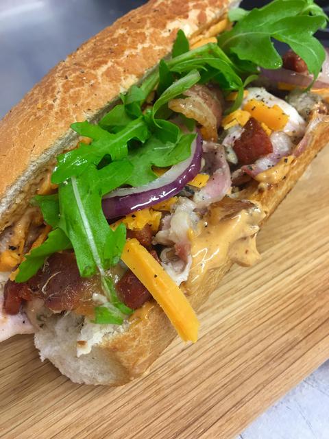 Whole Sliced Roast Chicken Boneless Thigh & Leg, Chorizo With Smoked Paprika & Chipotle Mayonnaise Tiger Baguette Special