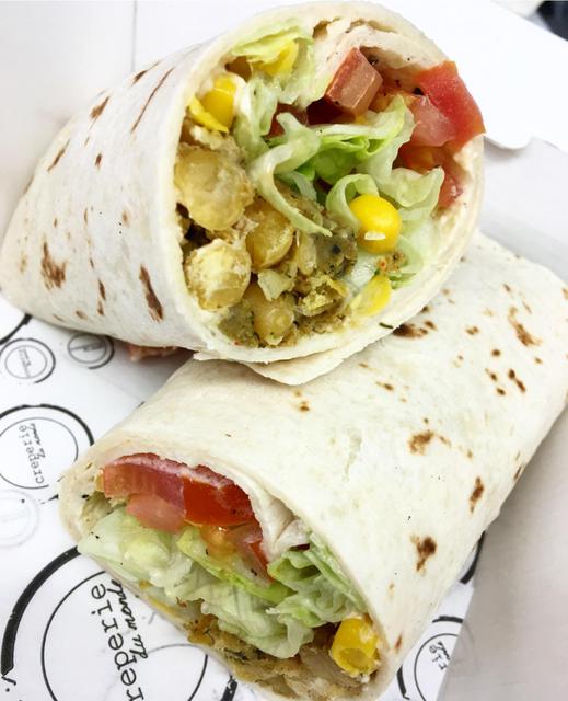 Roasted Veg & Hummus, Falafel, Sun-Dried Tomato Toasted Wrap Special + Optional Chicken